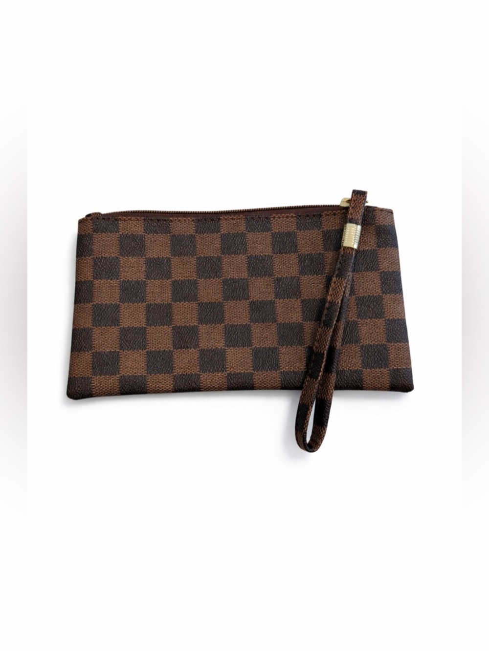 Canvas Checkered Wristlet Pouch Makeup Bag 8” x 4” Brown Zip Clutch